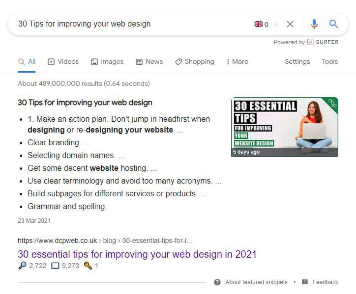 Example rich snippet for desktop view