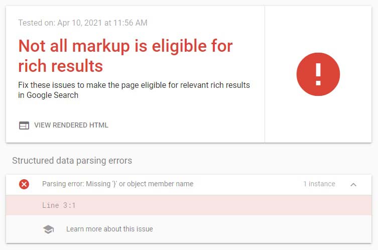 Google rich results test tool error reporting