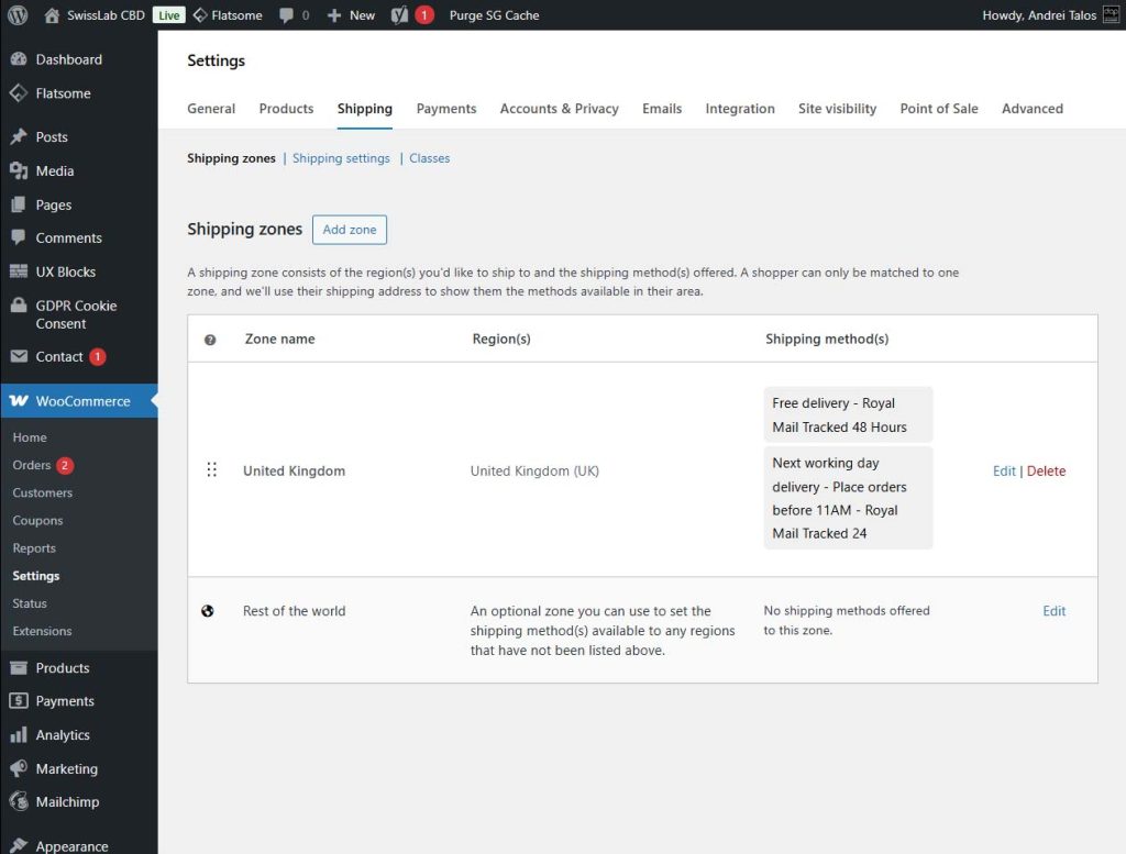 Setup shipping costs