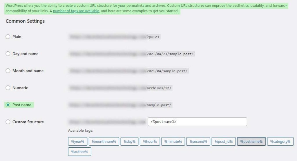 Permalinks post name WordPress option