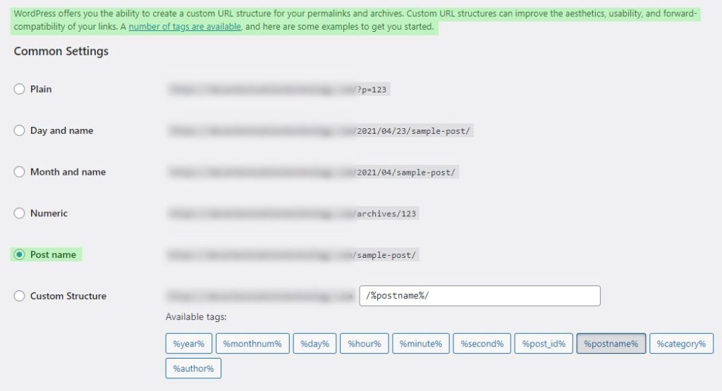 WordPress permalinks post name